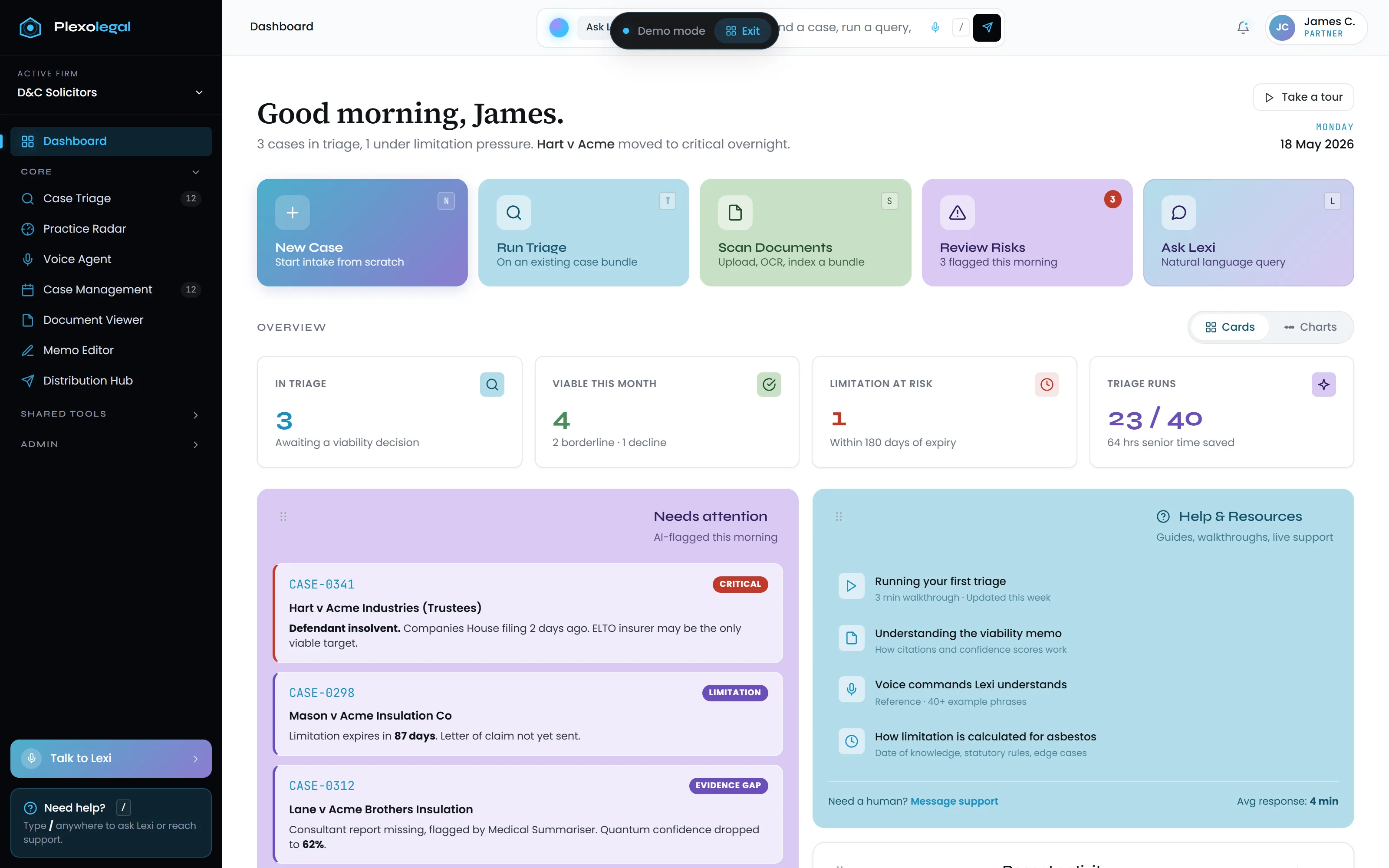 Plexolegal working preview: the partner dashboard with triage queue, limitation pressure indicators and AI-flagged cases needing attention, shown with illustrative data
